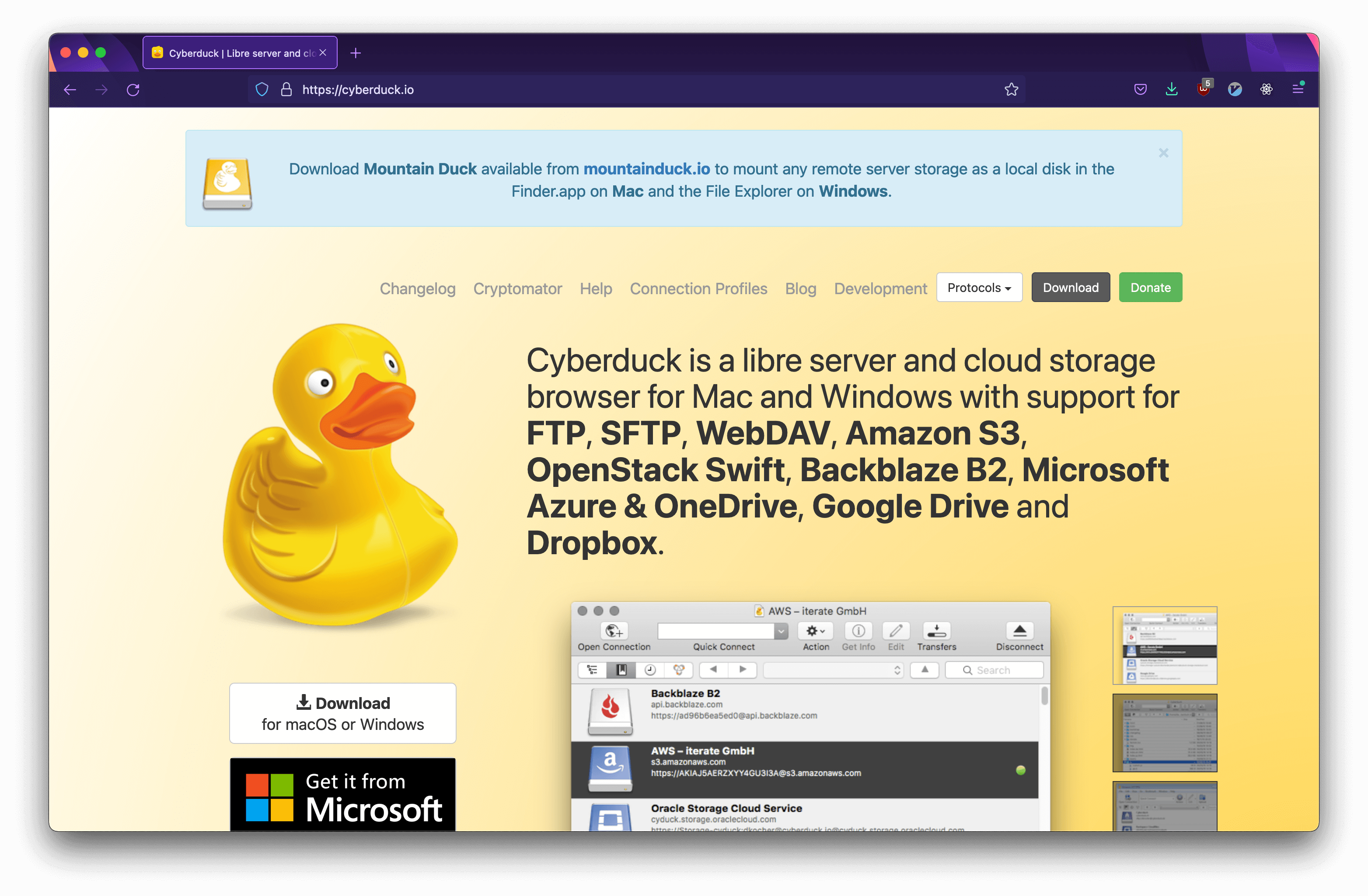The Cyberduck.io frontpage.